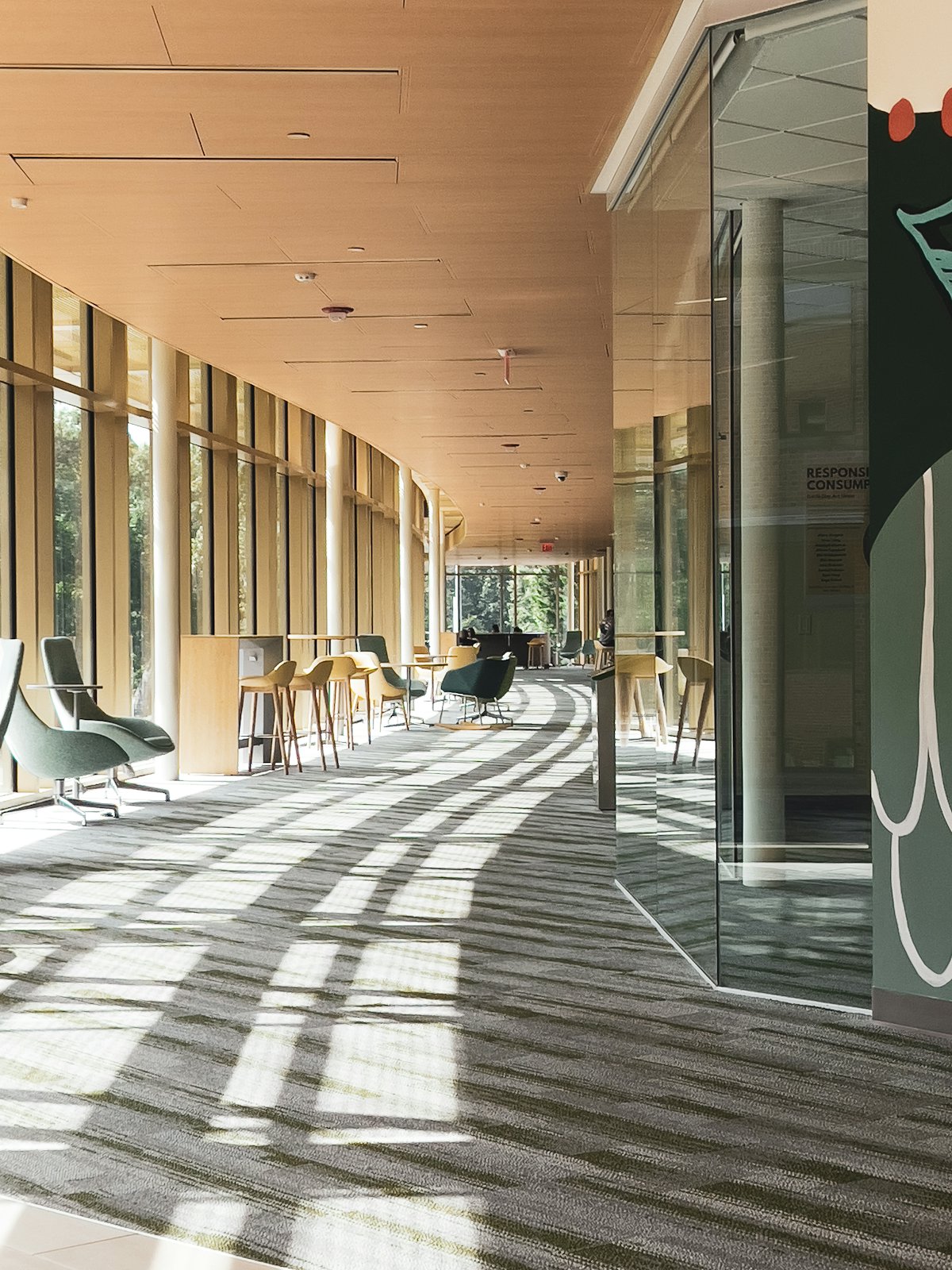 Sunlit corridor with lounge chairs beside a wall of tall windows